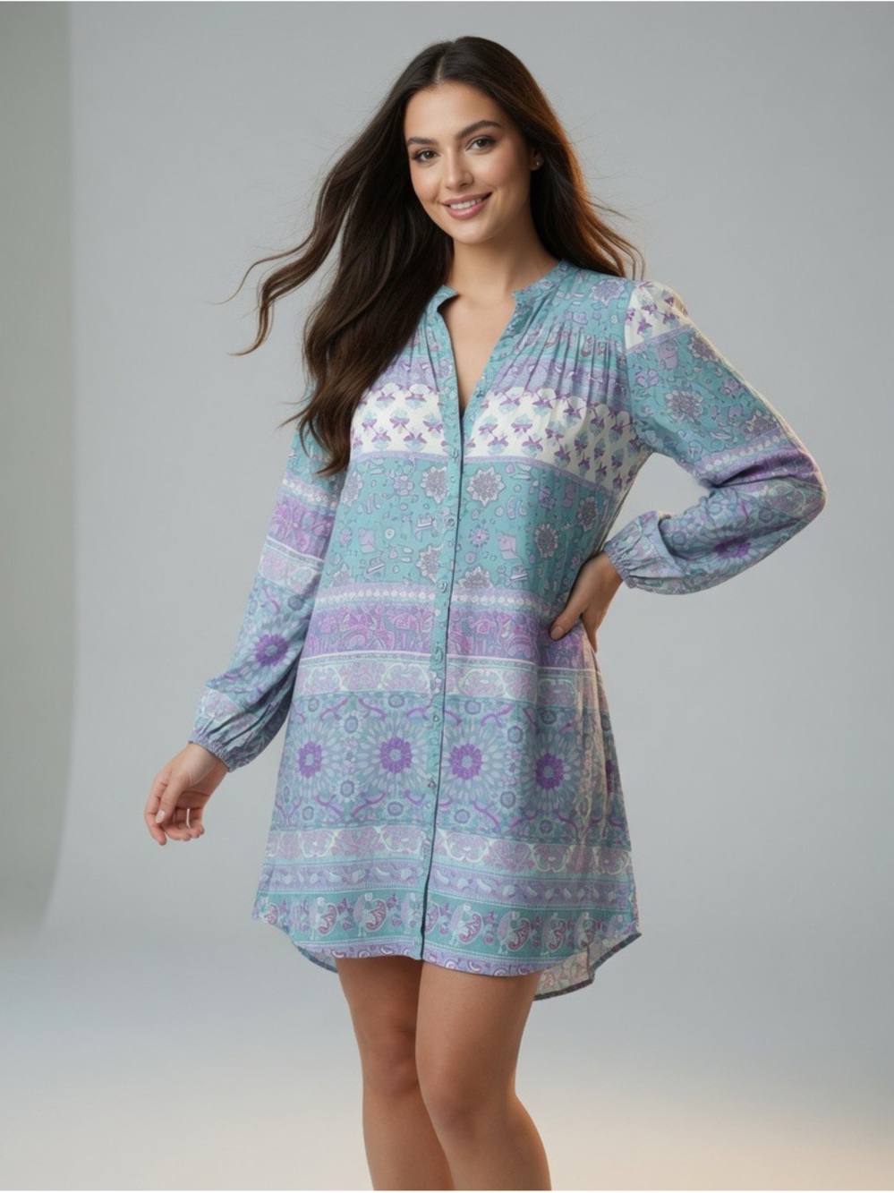Spell Boho Tunic Dress in Turquoise and Lavender Floral Print